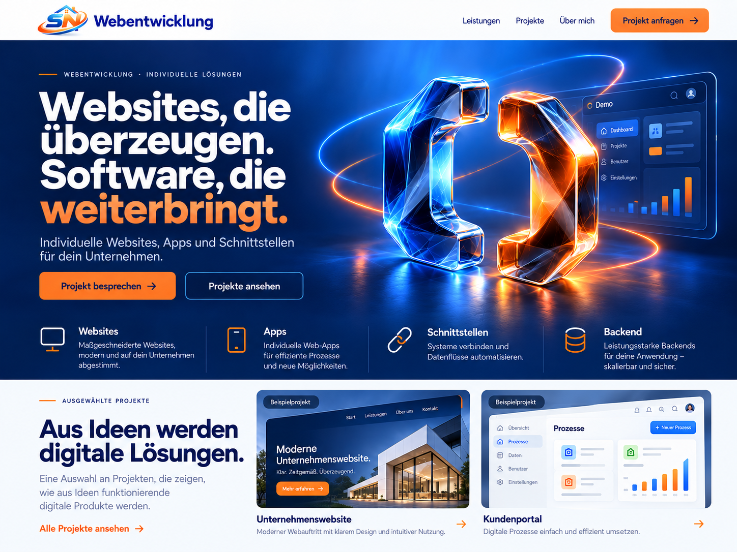 Blaue und orange gläserne Code-Klammern vor einer digitalen Oberfläche